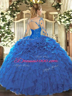 Scoop Long Sleeves Organza Vestidos de Quinceanera Lace and Ruffles Lace Up