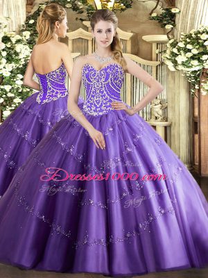 Adorable Floor Length Lavender Vestidos de Quinceanera Tulle Sleeveless Beading and Appliques