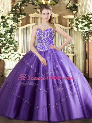 Adorable Floor Length Lavender Vestidos de Quinceanera Tulle Sleeveless Beading and Appliques