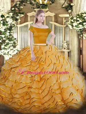 Nice Orange Two Pieces Appliques and Ruffled Layers Ball Gown Prom Dress Zipper Tulle Short Sleeves