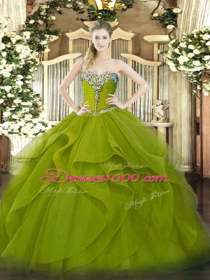 Best Sleeveless Tulle Floor Length Lace Up Quinceanera Dress in Olive Green with Beading and Ruffles