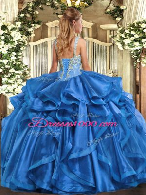 Fuchsia Organza Lace Up Straps Sleeveless Floor Length Sweet 16 Dresses Beading and Ruffles