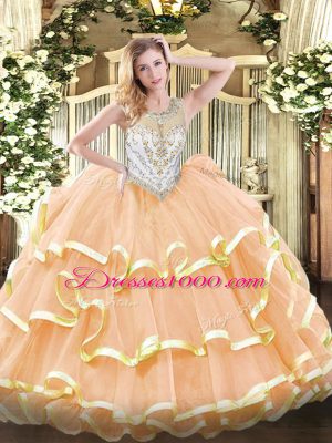 Great Floor Length Zipper Quinceanera Dress Peach for Military Ball and Sweet 16 and Quinceanera with Beading and Ruffled Layers