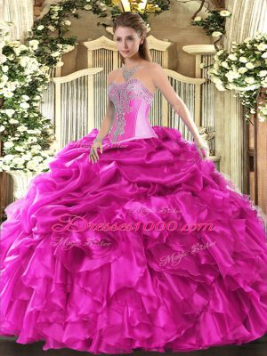 Classical Sweetheart Sleeveless Quinceanera Gowns Floor Length Beading and Ruffles and Pick Ups Hot Pink Organza