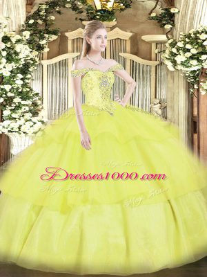 Sweet Yellow Ball Gowns Organza Off The Shoulder Sleeveless Beading and Ruffled Layers Floor Length Lace Up Sweet 16 Dresses