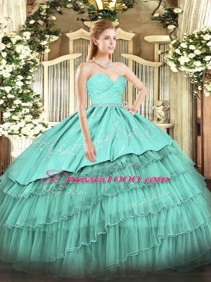 Custom Fit Organza and Taffeta Sweetheart Sleeveless Zipper Beading and Lace and Embroidery and Ruffled Layers Vestidos de Quinceanera in Turquoise