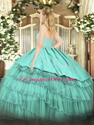 Custom Fit Organza and Taffeta Sweetheart Sleeveless Zipper Beading and Lace and Embroidery and Ruffled Layers Vestidos de Quinceanera in Turquoise