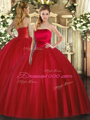 Customized Floor Length Ball Gowns Sleeveless Red Quinceanera Gown Lace Up
