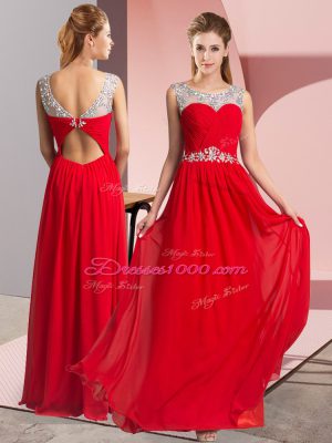 Scoop Sleeveless Prom Evening Gown Floor Length Beading Red Chiffon