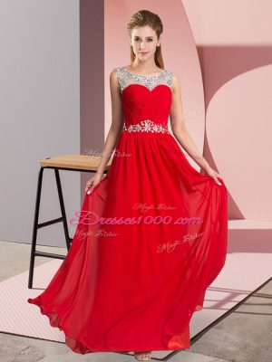 Scoop Sleeveless Prom Evening Gown Floor Length Beading Red Chiffon