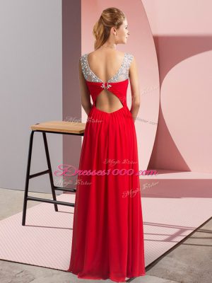 Scoop Sleeveless Prom Evening Gown Floor Length Beading Red Chiffon