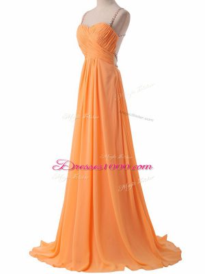 Inexpensive Spaghetti Straps Sleeveless Evening Dress Sweep Train Ruching Orange Chiffon