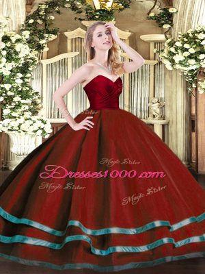 Glittering Wine Red Tulle Zipper Sweetheart Sleeveless Floor Length Sweet 16 Quinceanera Dress Ruffled Layers