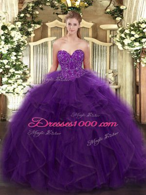 Purple Ball Gowns Sweetheart Sleeveless Organza Floor Length Lace Up Ruffles Quinceanera Gowns