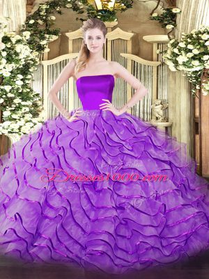 Customized Eggplant Purple Strapless Neckline Ruffles Quinceanera Gowns Sleeveless Zipper