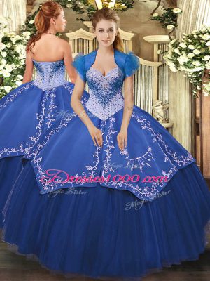 Popular Sleeveless Satin and Tulle Floor Length Lace Up Sweet 16 Dress in Blue with Beading and Embroidery
