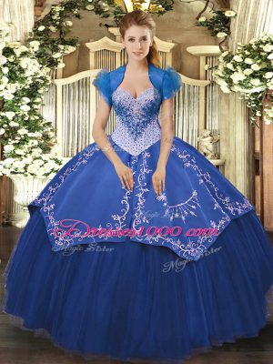 Popular Sleeveless Satin and Tulle Floor Length Lace Up Sweet 16 Dress in Blue with Beading and Embroidery