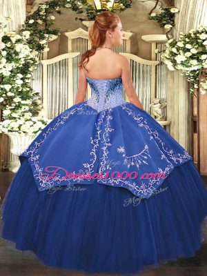 Popular Sleeveless Satin and Tulle Floor Length Lace Up Sweet 16 Dress in Blue with Beading and Embroidery