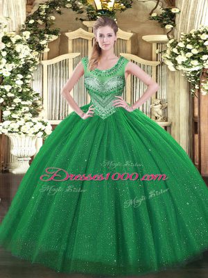 Dark Green Scoop Lace Up Beading and Sequins 15 Quinceanera Dress Sleeveless