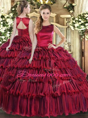 Pretty Wine Red Lace Up Scoop Ruffled Layers Quinceanera Dresses Organza Sleeveless
