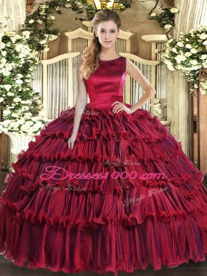 Pretty Wine Red Lace Up Scoop Ruffled Layers Quinceanera Dresses Organza Sleeveless