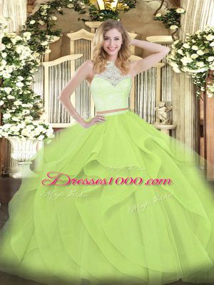Yellow Green Two Pieces Tulle Scoop Sleeveless Lace and Ruffles Floor Length Zipper Sweet 16 Quinceanera Dress