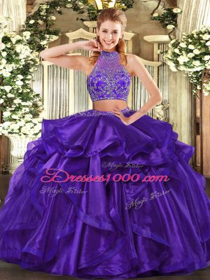 Dazzling Sleeveless Organza Floor Length Criss Cross Sweet 16 Dresses in Purple with Beading and Ruffled Layers