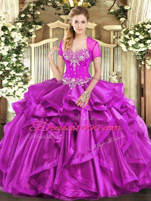 Hot Sale Fuchsia Lace Up Sweetheart Beading and Ruffles Quinceanera Gowns Organza Sleeveless