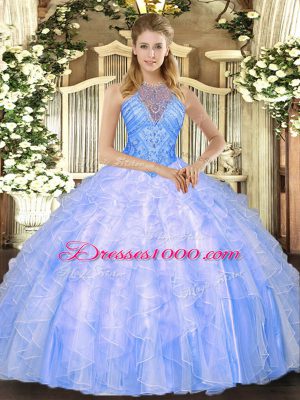 Dazzling Sleeveless Floor Length Beading and Ruffles Lace Up 15th Birthday Dress with Blue