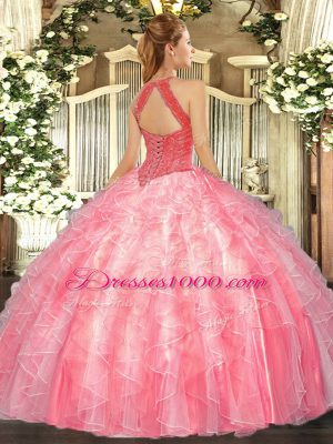 Dazzling Sleeveless Floor Length Beading and Ruffles Lace Up 15th Birthday Dress with Blue