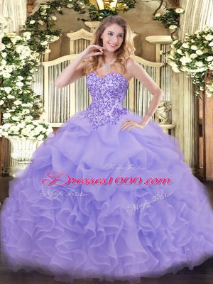 Most Popular Sleeveless Floor Length Appliques and Ruffles Lace Up 15 Quinceanera Dress with Lavender
