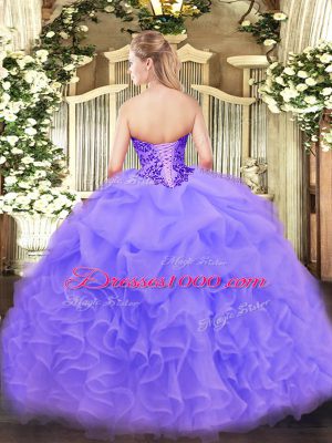 Most Popular Sleeveless Floor Length Appliques and Ruffles Lace Up 15 Quinceanera Dress with Lavender