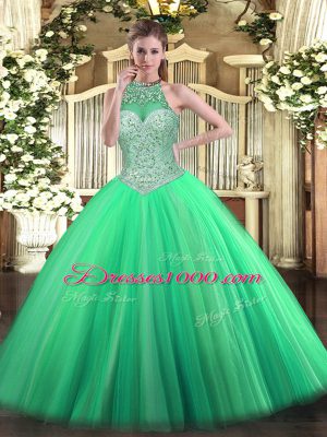 Glamorous Green Tulle Lace Up Ball Gown Prom Dress Sleeveless Floor Length Beading