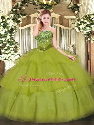 Strapless Sleeveless Lace Up 15th Birthday Dress Olive Green Tulle