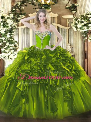 Olive Green Ball Gowns Organza Sweetheart Sleeveless Beading and Ruffles Floor Length Lace Up Ball Gown Prom Dress