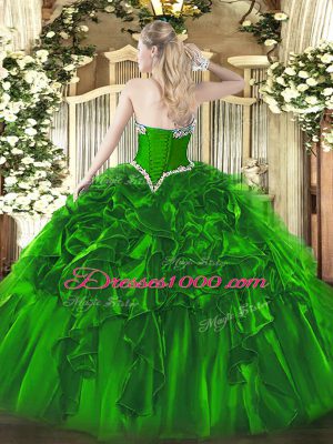 Olive Green Ball Gowns Organza Sweetheart Sleeveless Beading and Ruffles Floor Length Lace Up Ball Gown Prom Dress