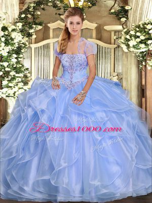 Inexpensive Light Blue Sleeveless Organza Lace Up Quinceanera Gowns for Military Ball and Sweet 16 and Quinceanera