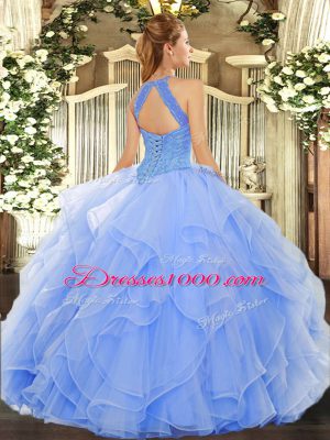 Hot Selling Rose Pink Lace Up Quinceanera Gown Beading and Ruffles Sleeveless Floor Length