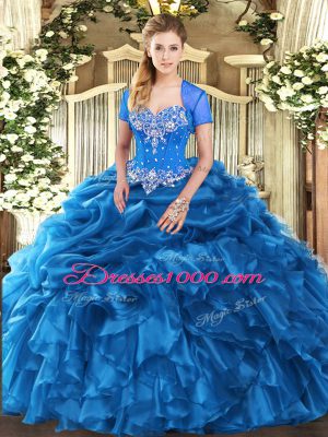 Charming Blue Sweetheart Neckline Beading and Ruffles and Pick Ups 15th Birthday Dress Sleeveless Lace Up