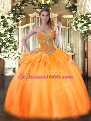High Quality Sweetheart Sleeveless Lace Up Sweet 16 Dresses Orange Tulle