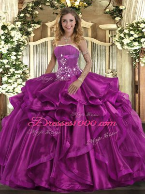 Chic Fuchsia Strapless Neckline Beading and Ruffles Quince Ball Gowns Sleeveless Lace Up