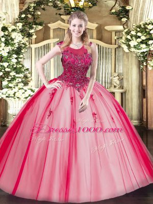 Adorable Scoop Sleeveless Ball Gown Prom Dress Floor Length Beading Red Tulle