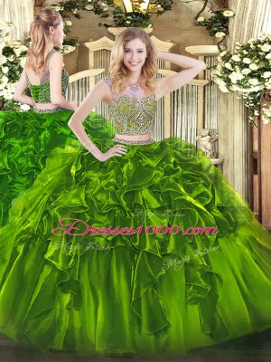 Olive Green 15th Birthday Dress Military Ball and Sweet 16 and Quinceanera with Beading and Ruffles Scoop Sleeveless Lace Up
