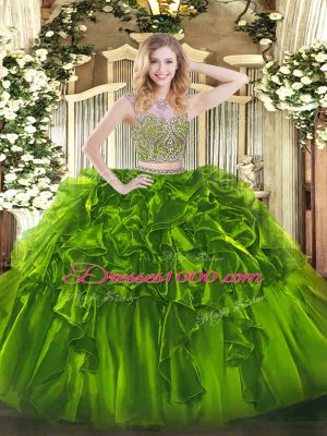 Olive Green 15th Birthday Dress Military Ball and Sweet 16 and Quinceanera with Beading and Ruffles Scoop Sleeveless Lace Up