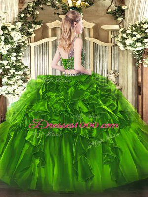 Olive Green 15th Birthday Dress Military Ball and Sweet 16 and Quinceanera with Beading and Ruffles Scoop Sleeveless Lace Up