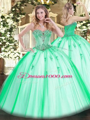 Apple Green Sleeveless Floor Length Beading and Appliques Lace Up Quinceanera Gown