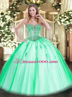 Apple Green Sleeveless Floor Length Beading and Appliques Lace Up Quinceanera Gown