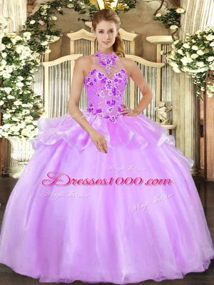 Lilac Organza Lace Up Quince Ball Gowns Sleeveless Floor Length Embroidery
