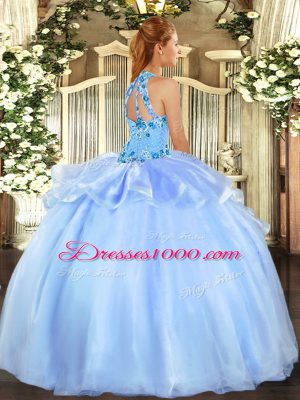 Lilac Organza Lace Up Quince Ball Gowns Sleeveless Floor Length Embroidery