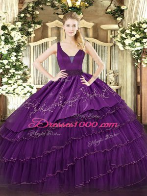 Embroidery and Ruffled Layers 15 Quinceanera Dress Purple Zipper Sleeveless Floor Length